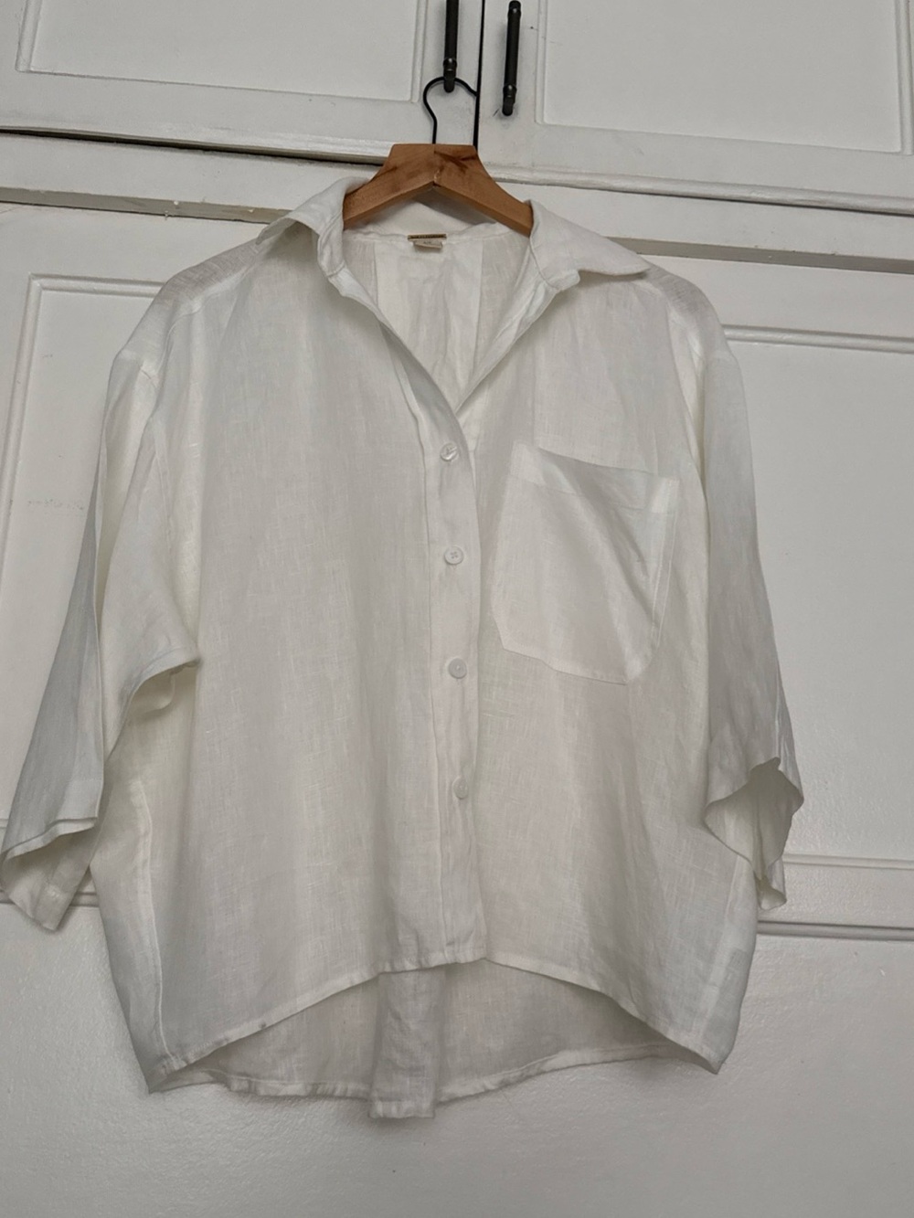 Magaschoni White Solid 100% Linen Woven Collared Button-Up Short Sleeve L